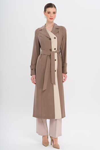 Olcay Garni Detailed Double Breasted Unlined Modal Trench Coat A.Brown 6734