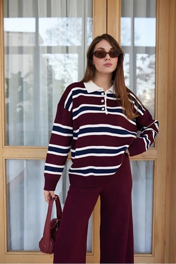 Askı Nişantaşı Burgundy Polo Neck Striped Knitwear Sweater