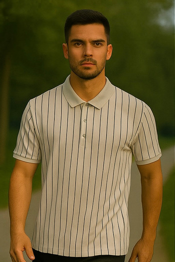 Maccali Men's Striped Loose Ecru Linen Polo Collar T-Shirt