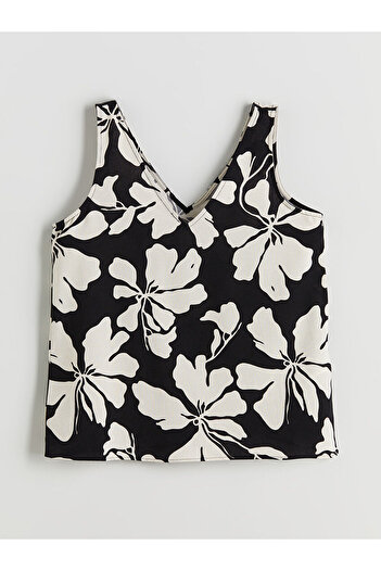 LC Waikiki Black V-Neck Floral Linen Blend Blouse