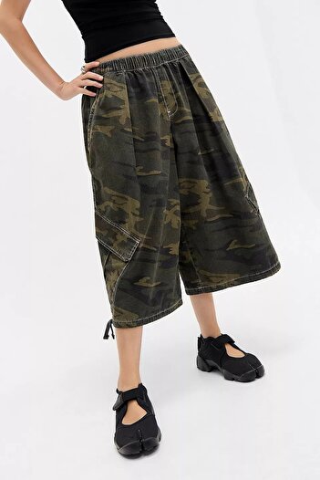 september island Camouflage Patterned Long Oversize Cargo Shorts