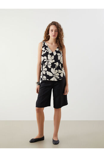 LC Waikiki Black V-Neck Floral Linen Blend Blouse