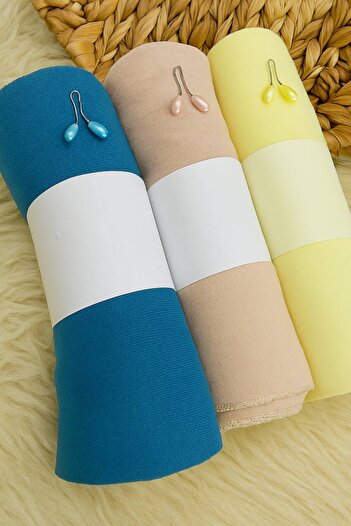 LA SEFA 3-Piece Combed Cotton Plain Shawl-Lemon-Light Petrol-Beige