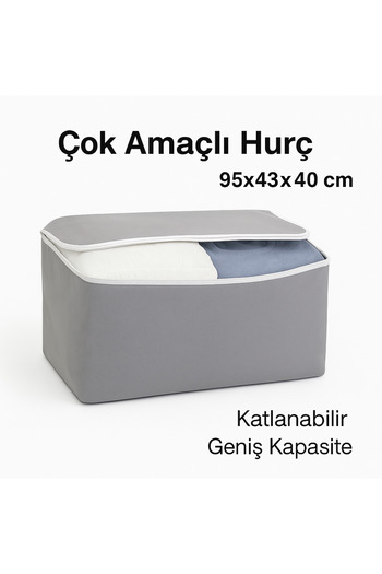 Bamer Home Tekstil Hurç Tekli 95x43x40 cm Gri – Yorgan & Kıyafet Saklama, Çift Fermuarlı