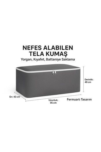 Bamer Home Tekstil Hurç Tekli 95x43x40 cm Gri – Yorgan & Kıyafet Saklama, Çift Fermuarlı