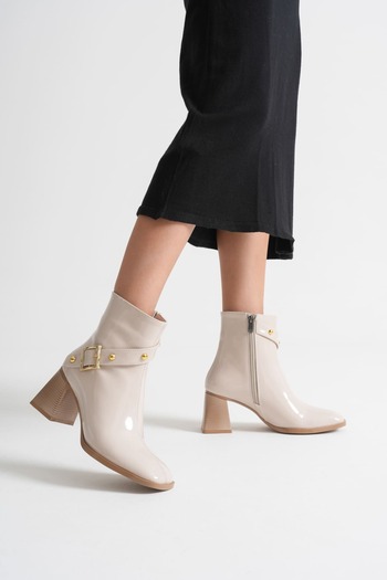 Zerenyus Limanu Premium Women's Beige Patent Leather Heeled Boots