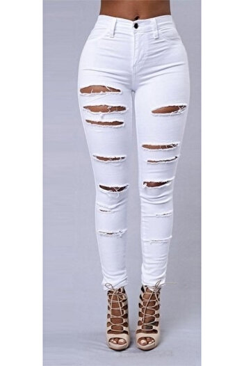 REKA MODA Women's High Waist Laser Ripped Print Jeans