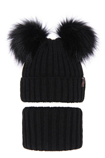 fantasialand Winter set for girls: black hat and circular scarf with 2 pom-poms, Donata model