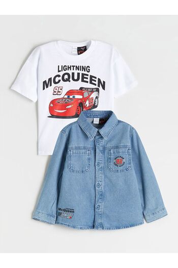 LC Waikiki Indigo Cars Printed Boys' Shirt and T-Shirt