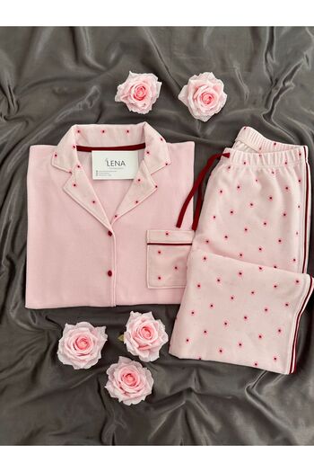 Lena Homewears Pembe Çiçek Desenli Pembe Waffle Premium Pijama Takımı