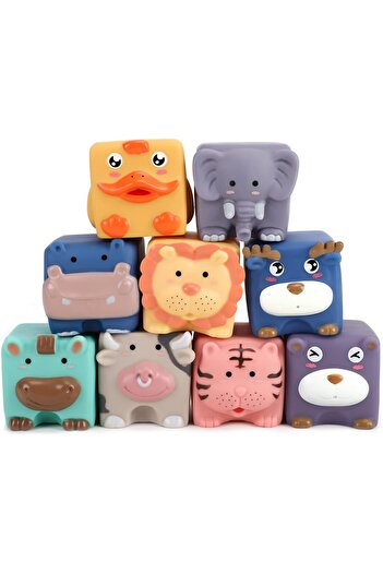 THE MOON Brand Animal Building Blocks – Set of 9 Squeeze and Stack Learning Toys – Colorful and