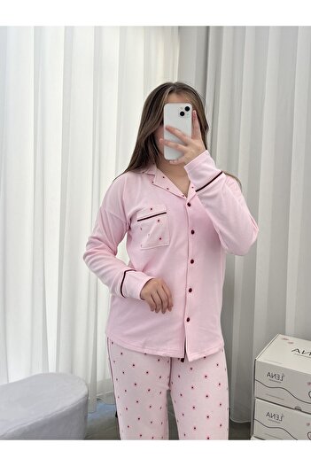 Lena Homewears Pembe Çiçek Desenli Pembe Waffle Premium Pijama Takımı