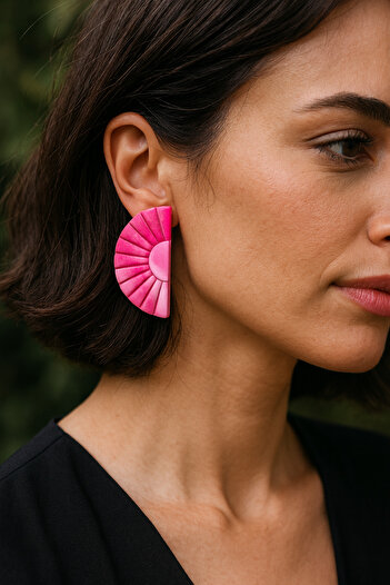Lu Atelier Ebruli Handmade Polymer Clay Earrings – Pink Semicircle Design, Modern and Stylish Accessory
