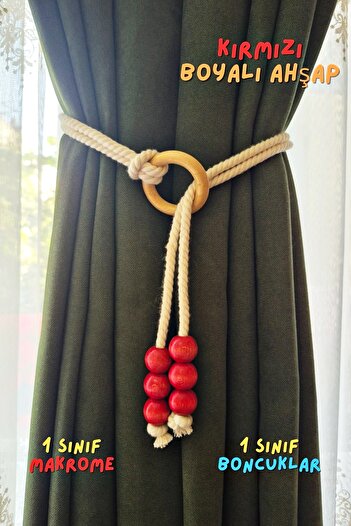 Armashine Red Wooden Ring Beaded Macrame Tie Curtain Holder – Bohemian Background Curtain Tie Braçol (1 Piece)