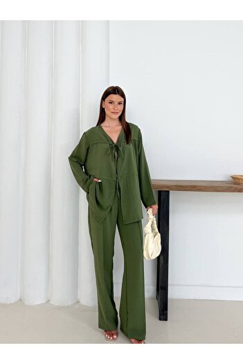 DESTEMIRA Aerobin Fabric Tie-Up Jacket High Waist Wide Leg Pants Loose Suit