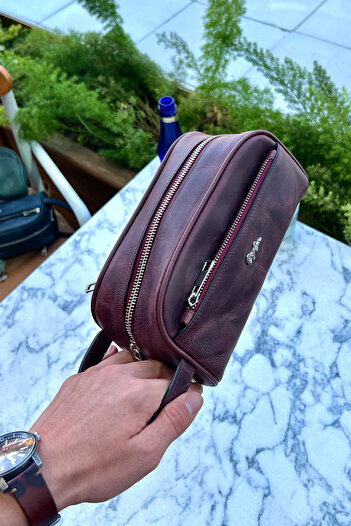 CüzCan Marble Antique Claret Red Genuine Leather Men's Handbag (Daily-Travel-Sports-Shaving Care)