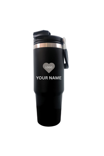 KAAF CREATIONS Black Stainless Steel Tumbler 900ML with Flip Straw & Handle | Personalized Name & Logo Engraving