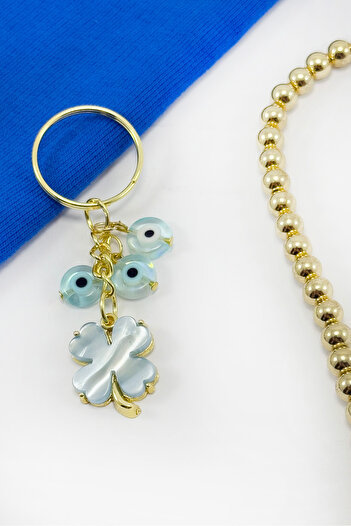 biuti Blue Colored Evil Eye Beaded Pearlescent Clover Keychain, Gift Keychain