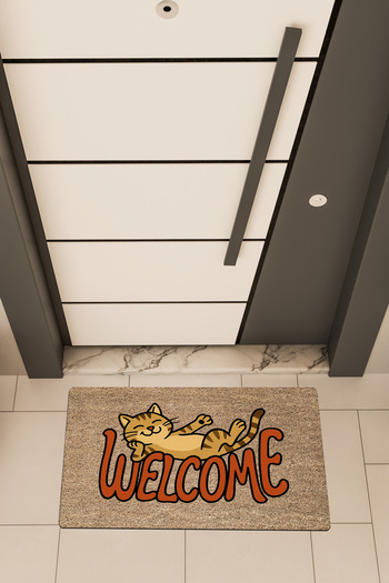 Dormot High Quality Digital Printing Brown, Welcome Lying Happy Cat, Themed Door Mat