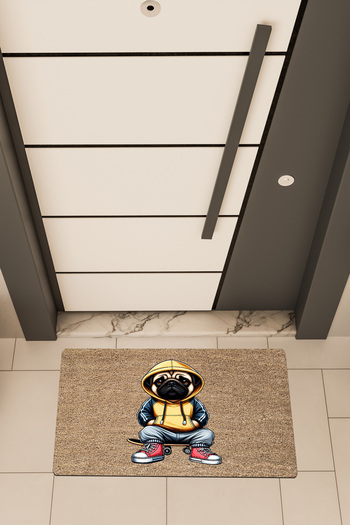 Dormot High Quality Digital Print Brown Pug themed Doorstep Mat with Skateboard