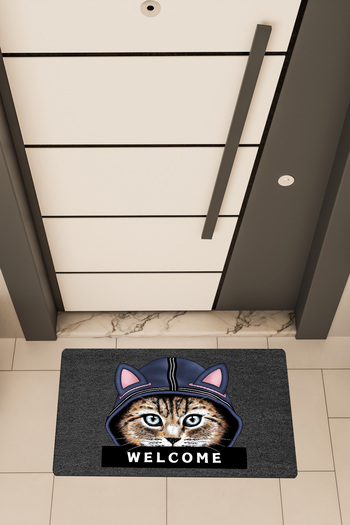 Dormot Quality Digital Printing Black, Cat in Hat Welcome Themed Door Mat