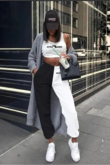 EXTRABABES Women's 2-Piece Cotton Tracksuit – Half White, Half Black Design