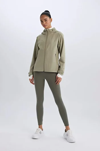 DeFacto D6084 Khaki Defactofit Water Repellent Hooded Zippered Flexible Textured Seasonal Spring Coat
