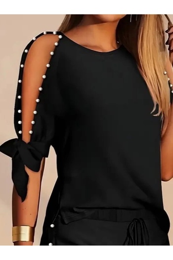MODA Women's short sleeve crew neck half open shoulder pearl detailed short t-shirt viscose double set