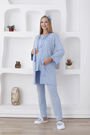 TREND Önden Düğmeli Dantelli Sabahlıklı Lohusa Pijama Takımı - 3423