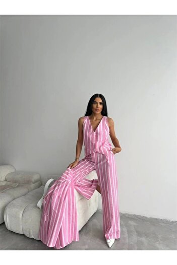 'Ello Pink Striped Linen Vest and Trousers Set