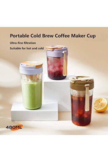 erorex Portable Cold Brew Maker Cup Built- Filter, 480Ml – Reusable Travel Tumbler, Easy--Use Bottle Home