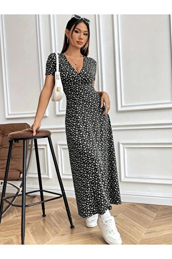 BÜŞRA TEZEL MODA Women's Short Sleeve Double Breasted Collar Floral Pattern Single Jersey Dress