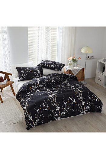 OEM 3-piece black bedding set with white twigs - 1 duvet cover 240x220cm + 2 pillowcases 80x80 cm