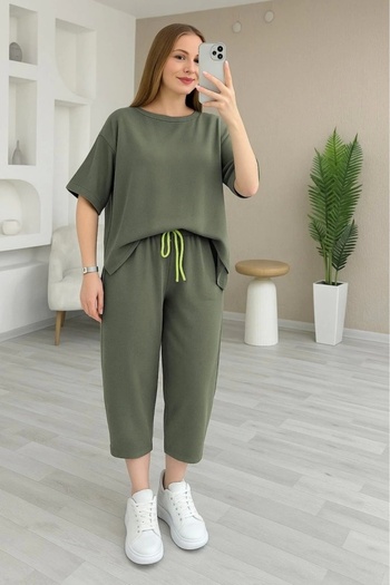 MODA Women's Short Sleeve Crew Neck Viscose Two Thread Blouse and Pants Double Set