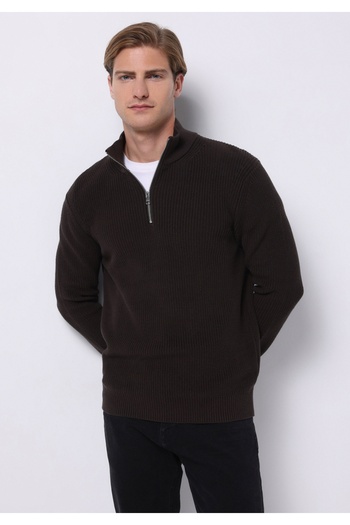 Colin's Regular Fit High Neck Jacquard Men's Brown Sweater