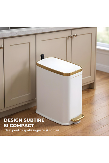 Elindor Bathroom Trash Can with Pedal Elindor® Metal 12 L, Built-in, Soft-Close Function, White with Gold