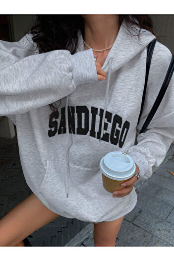 Revasser Unisex Erkek/Kadın SANDIEGO Renkli Özel Baskılı Pamuklu Oversize Kapüşonlu Sweatshirt