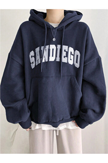 Revasser Unisex Erkek/Kadın SANDIEGO Renkli Özel Baskılı Pamuklu Oversize Kapüşonlu Sweatshirt