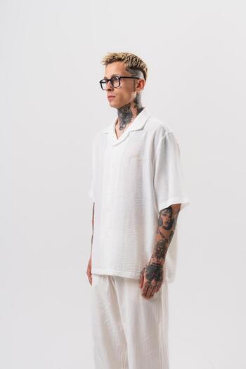Respire Men's Star Embroidered Oversize Shirt White