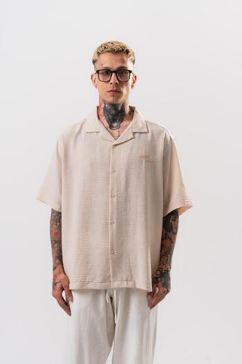 Respire Men's Star Embroidered Oversize Shirt Beige