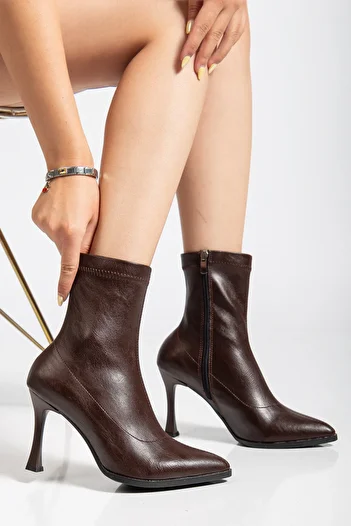 Genetti Elara 9 cm Thin Heeled Zippered, Pointed Toe Brown Women's Sock Brown Boot