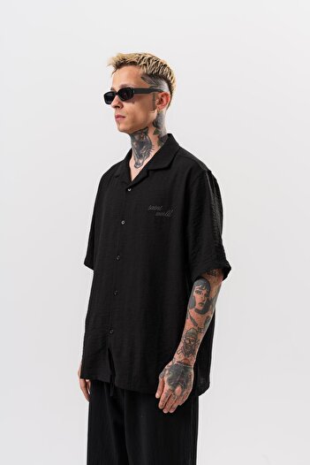 Respire Men's Star Embroidered Oversize Shirt Black