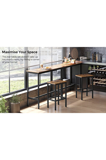 VASAGLE Bar table set with 2 chairs, steel frame, wooden top, industrial design, 100x40x90cm