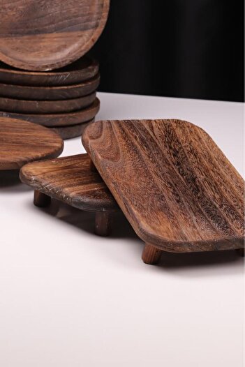 Bambum 9 Piece Pavlonya Rustic Wooden Presentation Set – Round and Rectangular Footed Serving Plates