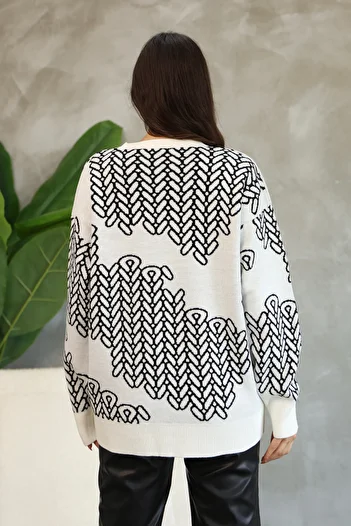 ALCHON Gât rotund, cu mânecă lungă, tricotat, cu model jacquard, pulover elegant de iarnă