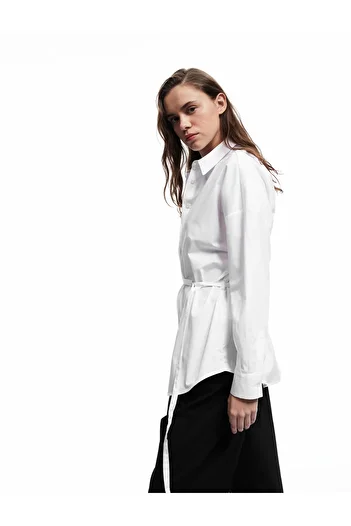 Koton Cotton Classic Collar Belt Detail Long Sleeve Poplin Shirt