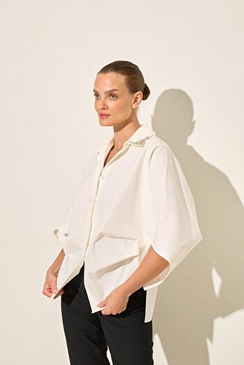 Setre Ecru 100% Cotton Collar Stone and Sleeve Detailed Shirt
