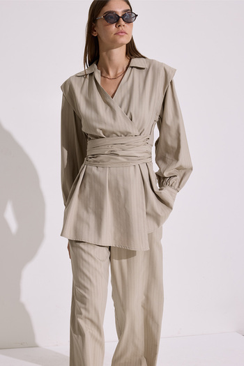 Manuka Tie Detail Double Breasted Shirt Beige