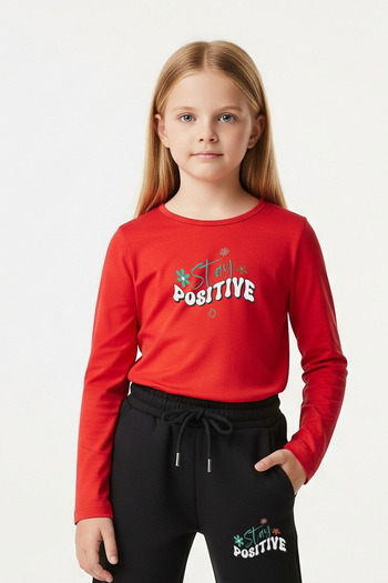 panios kids Round Neck Stay Positive Printed Girl's Tracksuit Set
