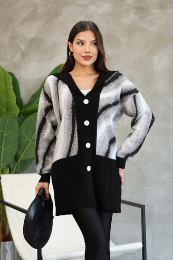 ALCHON V-Neck Hooded Buttoned Furry Long Sleeve Crumpled Pattern Color Gradient Winter Midi Length Knitwear Cardigan
